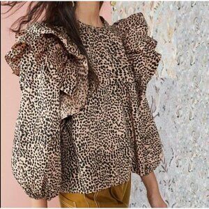 Ulla Johnson Cassi Cheetah Print Ruffled Front Long Sleeve Blouse Women's 0